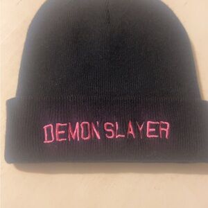 Demon Slayer Black Beanie with Pink Embroidery
